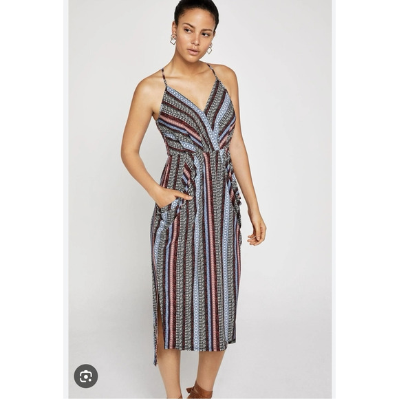 BCBGeneration Dresses & Skirts - Women's BCBGeneration Blue Striped V-Neck Midi Length Hi Low Dress | Size Medium